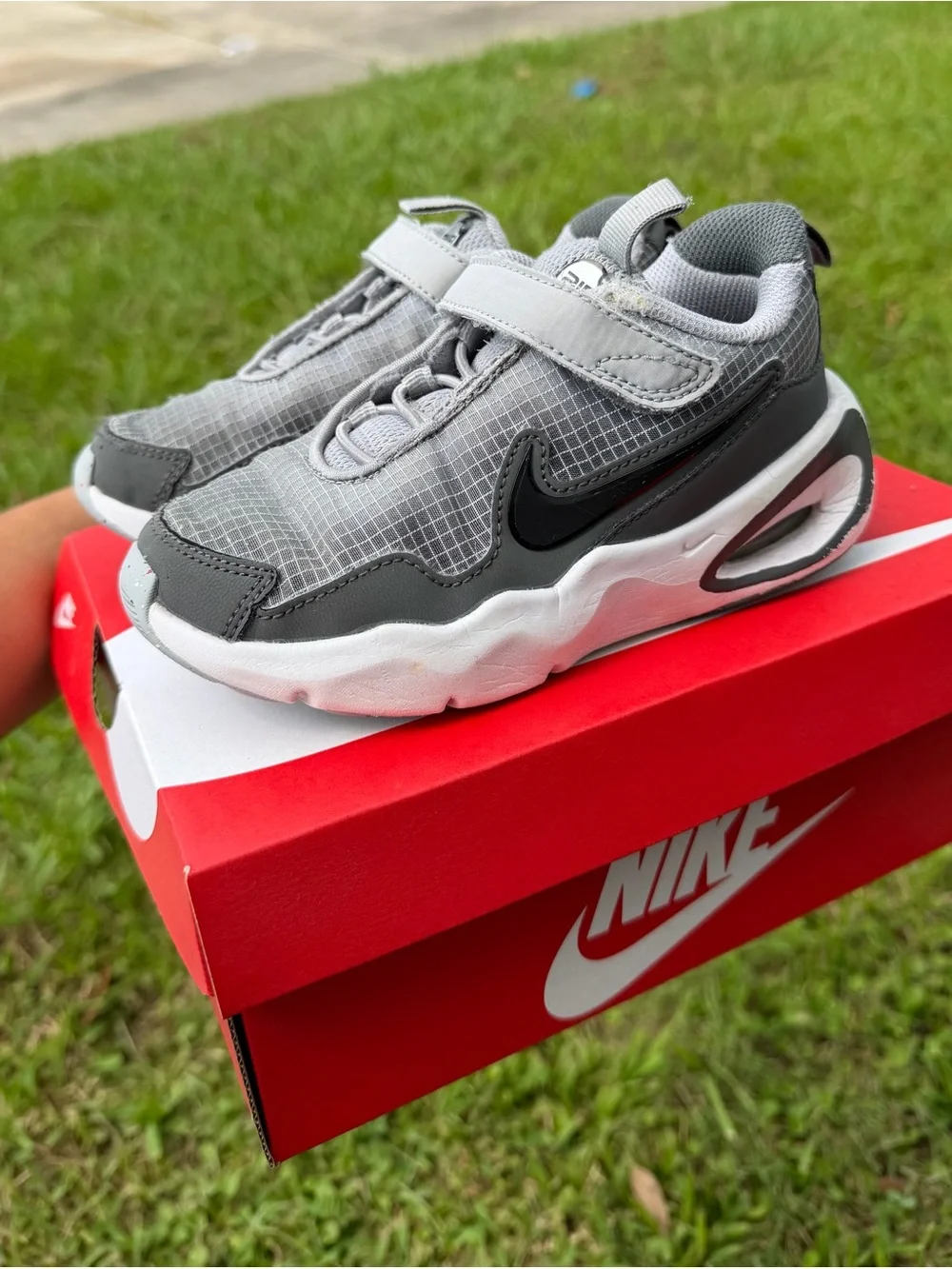 Nike Kids Grey Velcro Sneakers with Black Swoosh